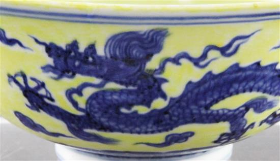 A Chinese yellow ground dragon and phoenix bowl, Xuande six character mark and possibly of the period, 19.5cm, museum restoration, sc